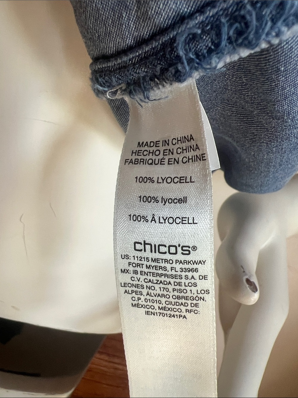 Chico's Sleeveless Chambray Button-Down Shirt in Denim Blue with fringed accents - Picture 3 of 7